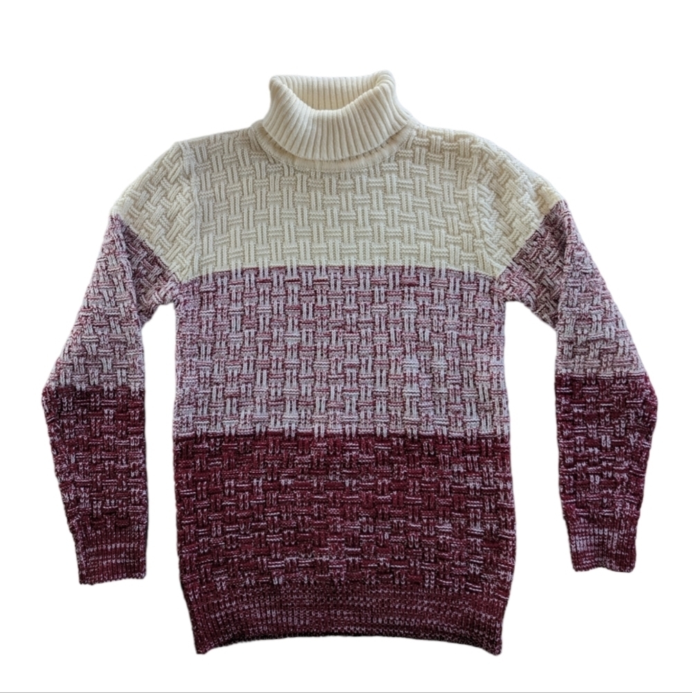 Vintage Color Block Turtleneck Knit Sweater Women's Small Red Cream
